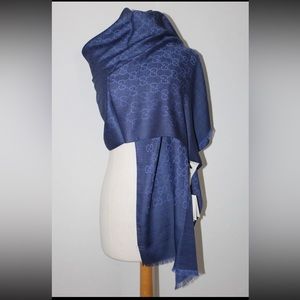 NWT GUCCI Sky Blue Jacquard GG Wool Silk Scarf Unisex 45 x 180